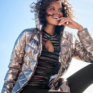 Venus Metallic Long Puffer-Style Jacket Size 14
